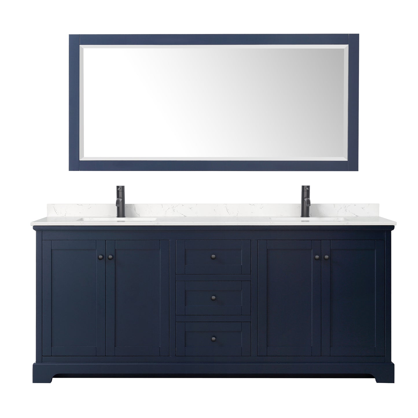 Avery 80" Double Vanity in Dark Blue, Carrara Marble Top, Black Trim, 70" Mirror