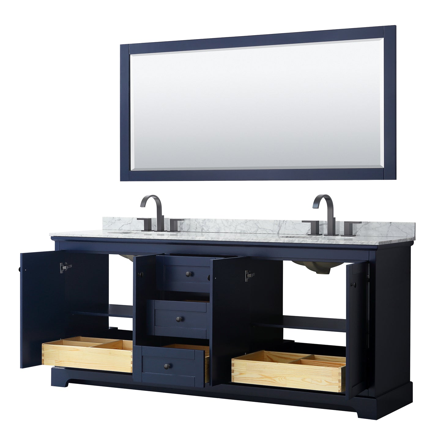 Avery 80" Double Vanity in Dark Blue, Top, Oval Matte Black Trim, 70" Mirror