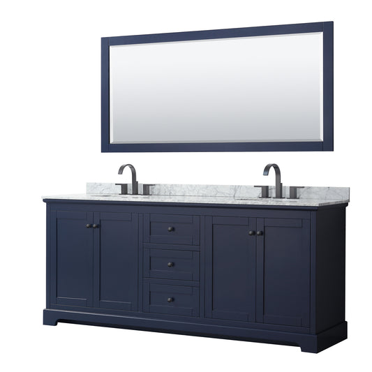 Avery 80" Double Vanity in Dark Blue, Top, Oval Matte Black Trim, 70" Mirror