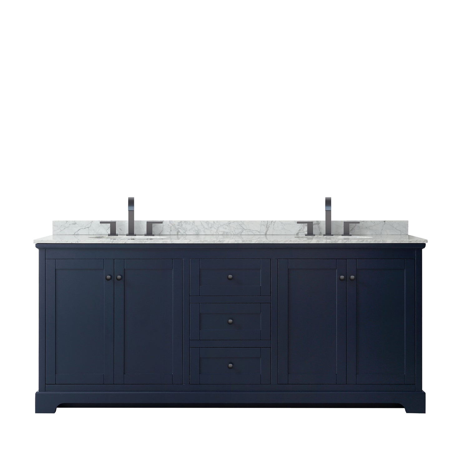 Avery 80" Double Vanity in Dark Blue, Top, Oval Sinks, Matte Black Trim