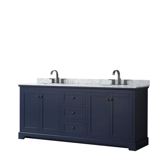 Avery 80" Double Vanity in Dark Blue, Top, Oval Sinks, Matte Black Trim