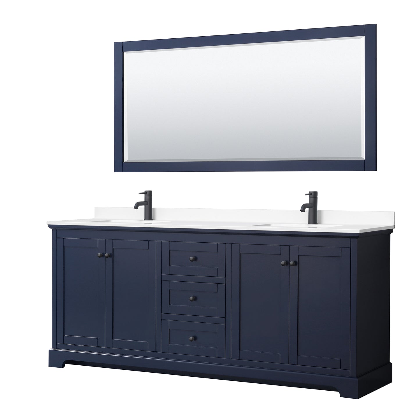 Avery 80" Double Vanity in Dark Blue, White Marble Top, Black Trim, 70" Mirror