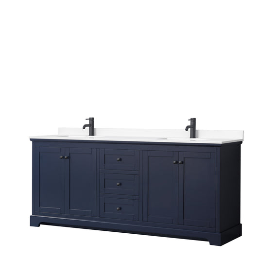 Avery 80" Double Vanity in Dark Blue, White Cultured Marble Top, Black Trim