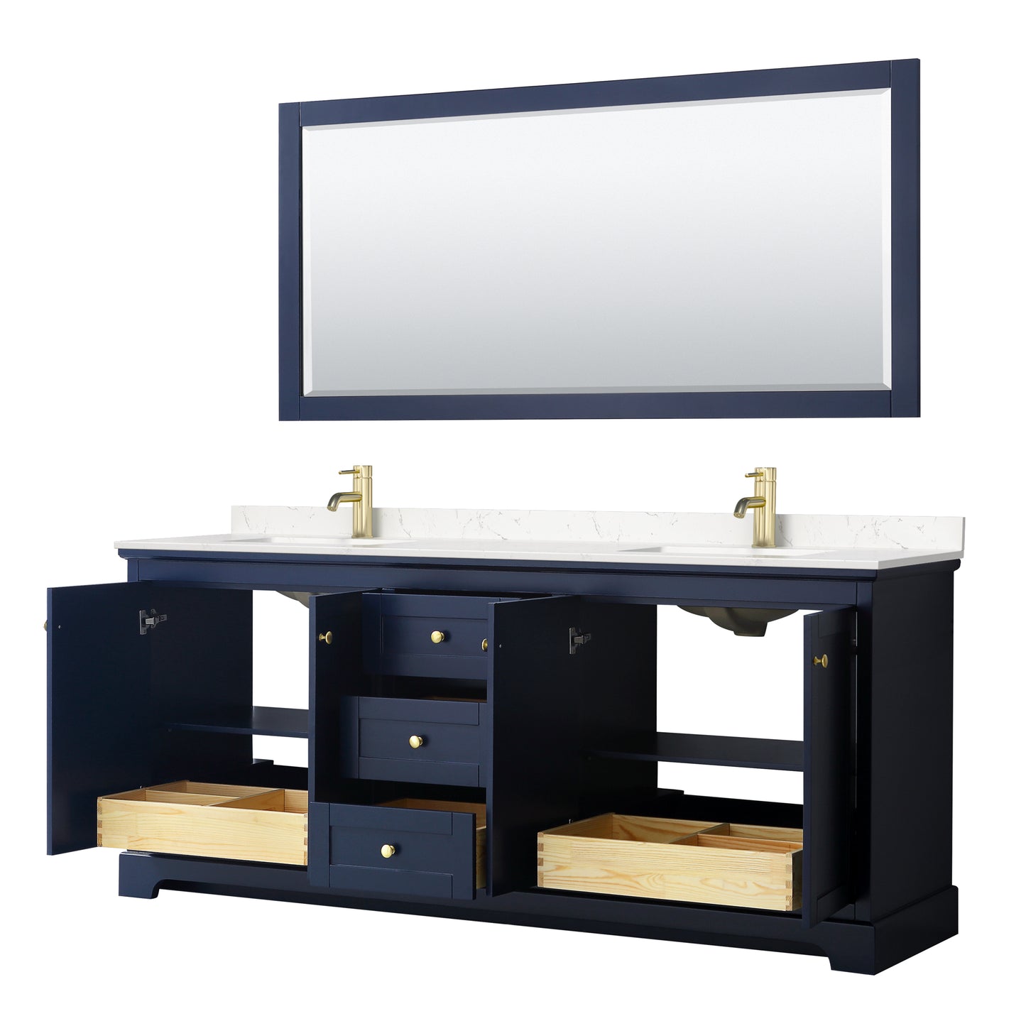 Avery 80" Double Vanity in Dark Blue, Carrara Cultured Marble Top, 70" Mirror