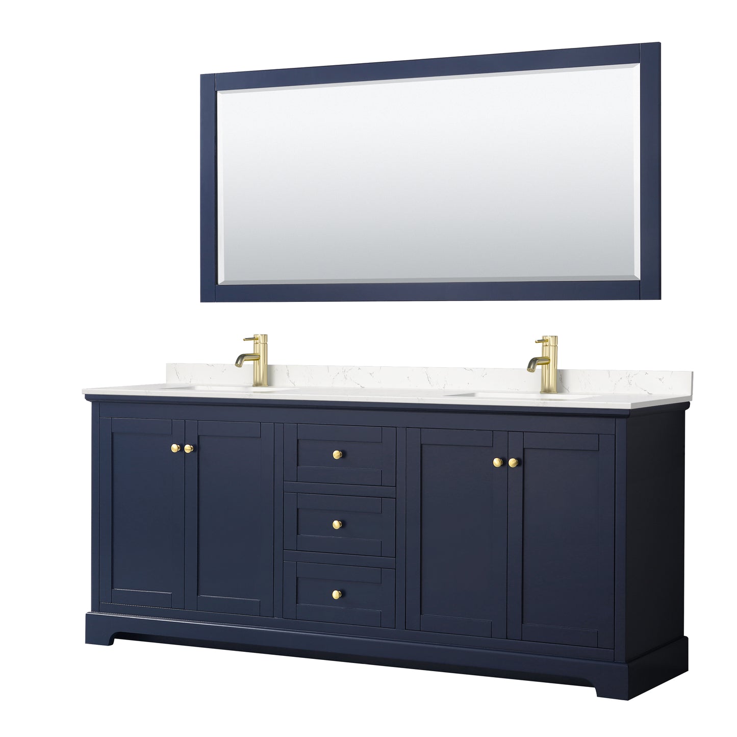 Avery 80" Double Vanity in Dark Blue, Carrara Cultured Marble Top, 70" Mirror