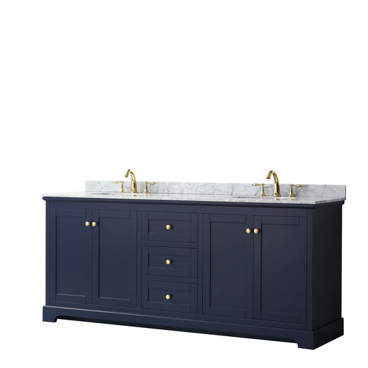 Avery 80 Inch Double Bathroom Vanity in Dark Blue, White Carrara Marble Countertop, Undermount Oval Sinks, and No Mirror