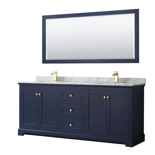 Avery 80 Inch Double Bathroom Vanity in Dark Blue, White Carrara Marble Countertop, Undermount Square Sinks, and 70 Inch Mirror