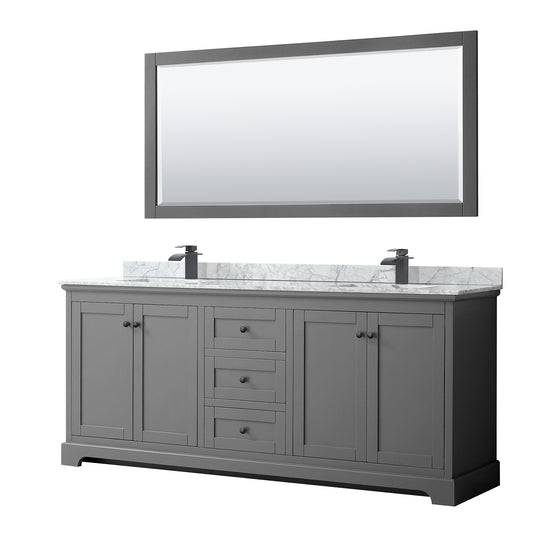Avery 80" Double Vanity in Dark Gray, Top, Square Matte Black Trim, 70" Mirror
