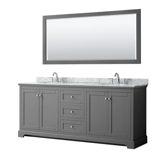 Avery 80 Inch Double Bathroom Vanity in Dark Gray, White Carrara Marble Countertop, Undermount Oval Sinks, and 70 Inch Mirror