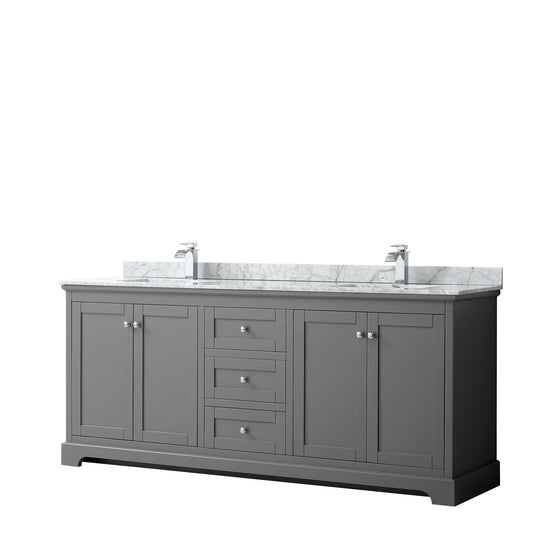 Avery 80 Inch Double Bathroom Vanity in Dark Gray, White Carrara Marble Countertop, Undermount Square Sinks, and No Mirror