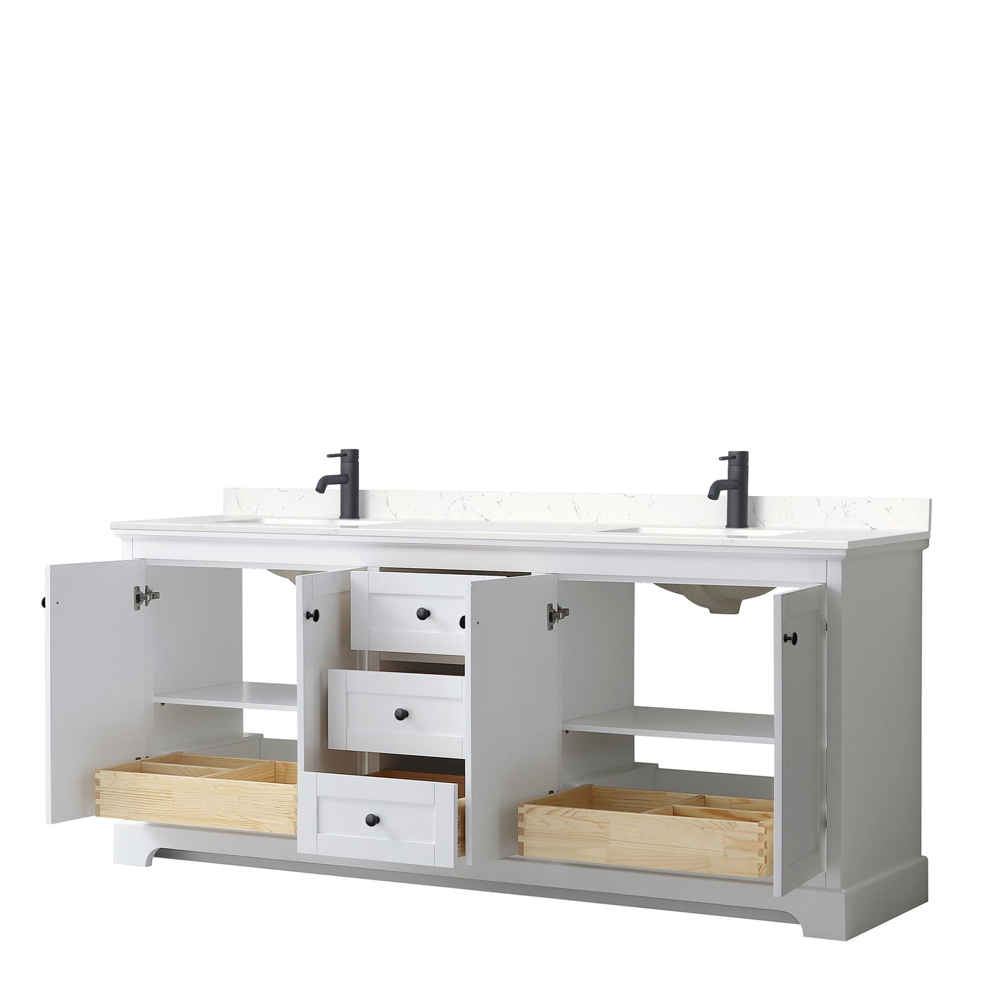 Avery 80" Double Vanity in White, Carrara Cultured Marble Top, Black Trim