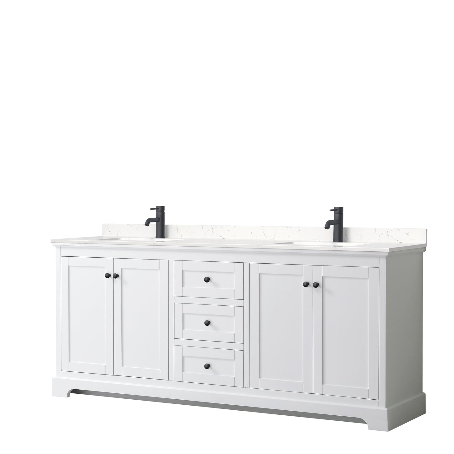 Avery 80" Double Vanity in White, Carrara Cultured Marble Top, Black Trim