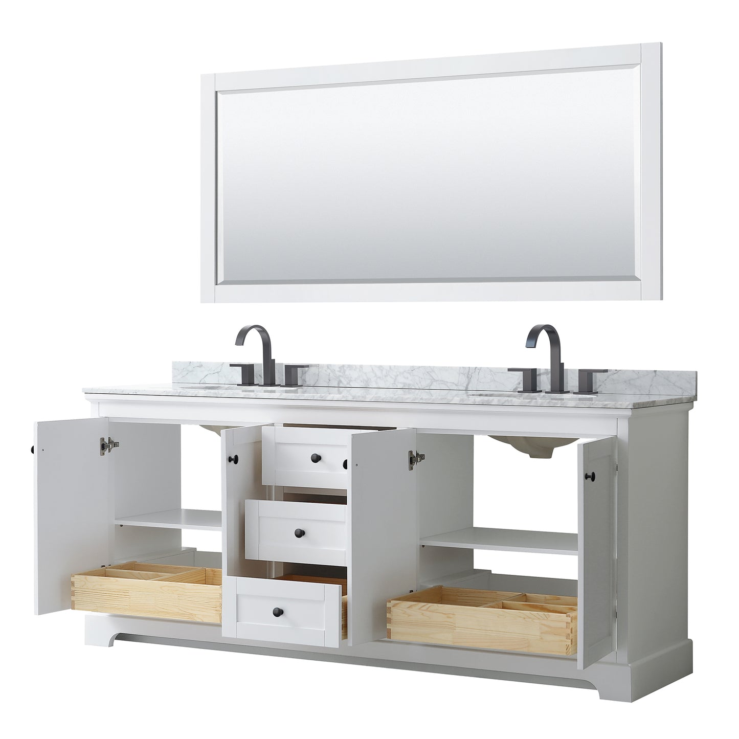 Avery 80" Double Vanity in White, Top, Oval Sinks, Matte Black Trim, 70" Mirror