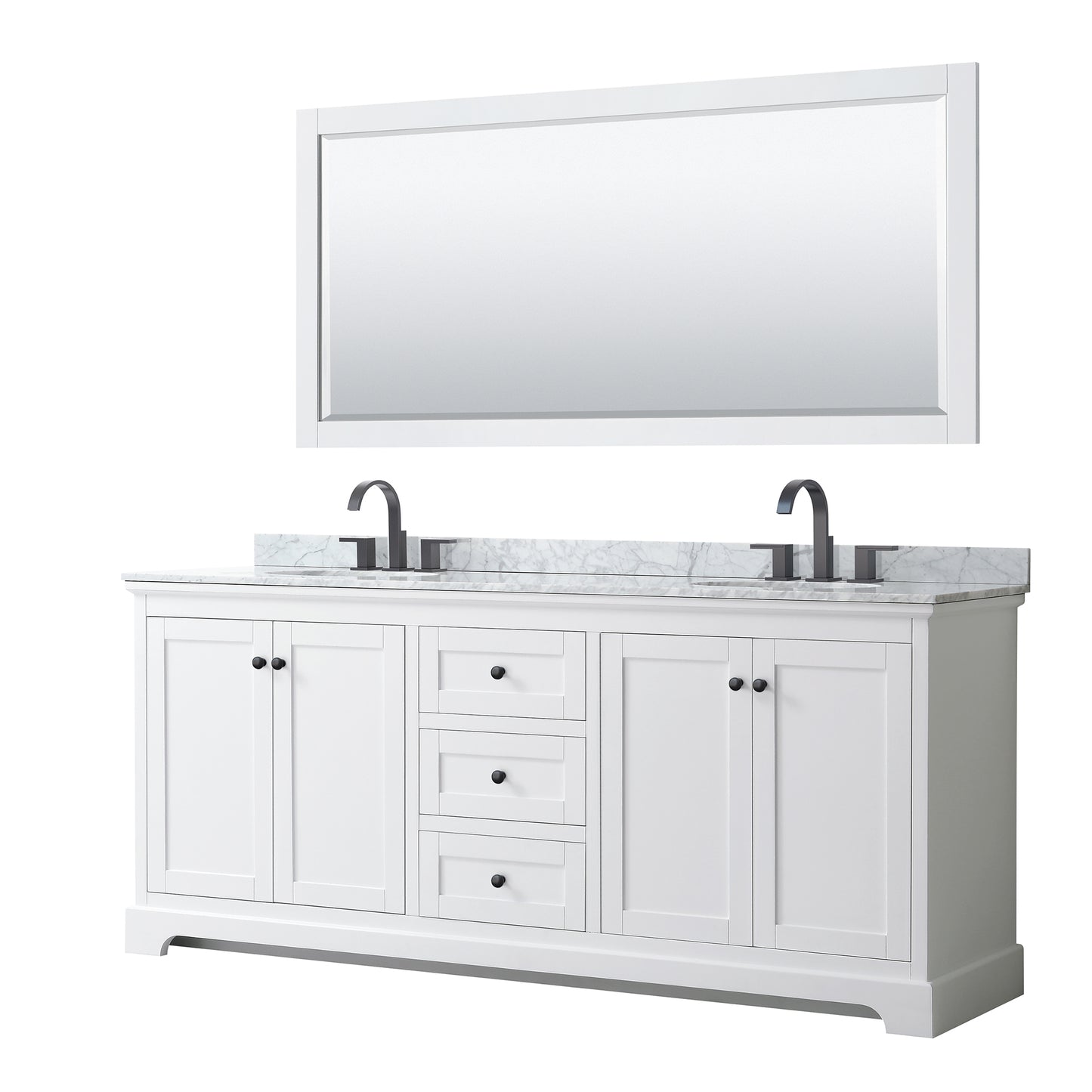 Avery 80" Double Vanity in White, Top, Oval Sinks, Matte Black Trim, 70" Mirror