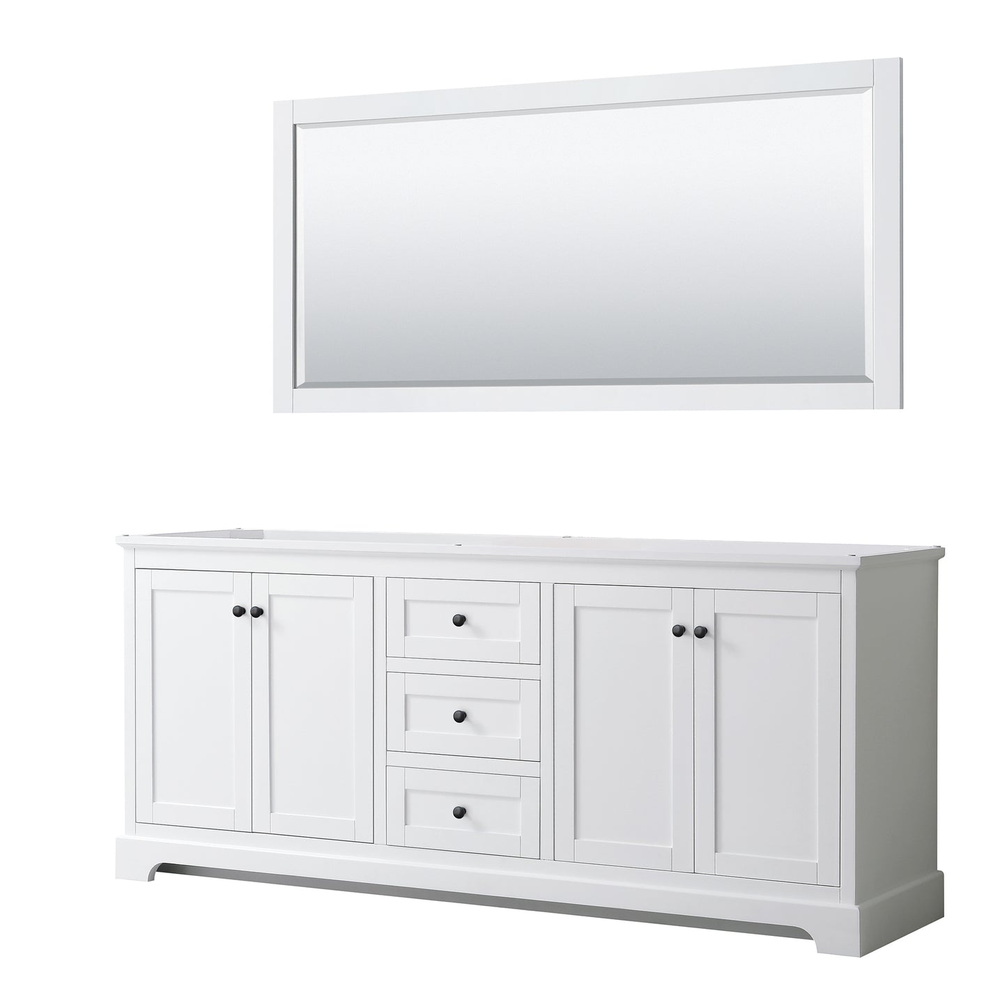 Avery 80" Double Vanity in White, No Top, No Sinks, Matte Black Trim, 70" Mirror