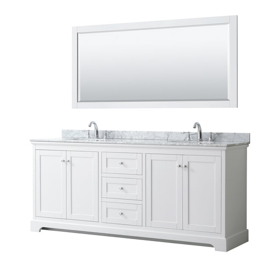 Avery 80 Inch Double Bathroom Vanity in White, White Carrara Marble Countertop, Undermount Oval Sinks, and 70 Inch Mirror