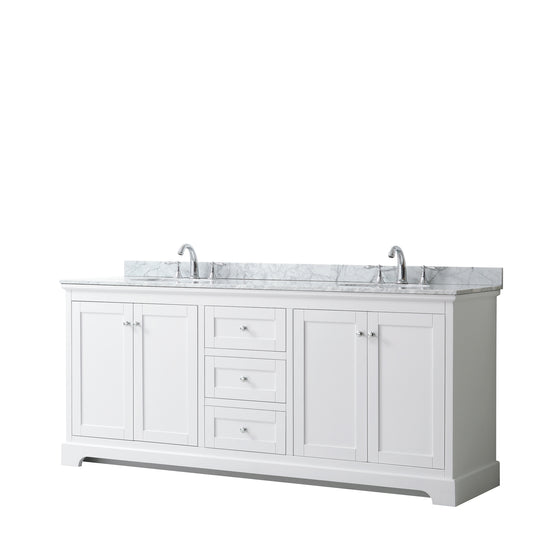 Avery 80 Inch Double Bathroom Vanity in White, White Carrara Marble Countertop, Undermount Oval Sinks, and No Mirror