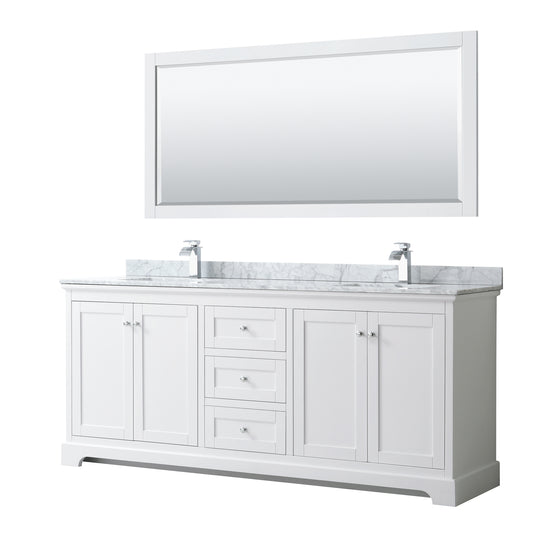 Avery 80 Inch Double Bathroom Vanity in White, White Carrara Marble Countertop, Undermount Square Sinks, and 70 Inch Mirror