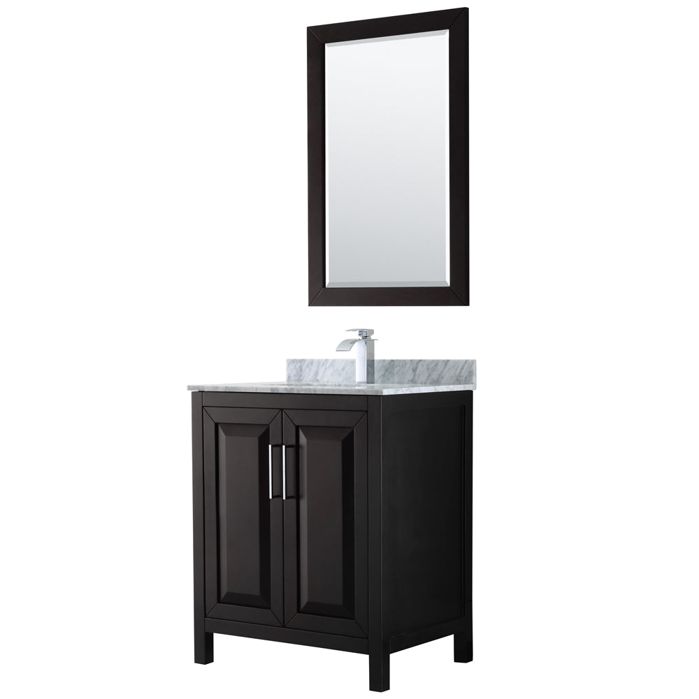 Daria 30 inch Single Bathroom Vanity in Dark Espresso, White Carrara Marble Countertop, Undermount Square Sink, and 24 inch Mirror