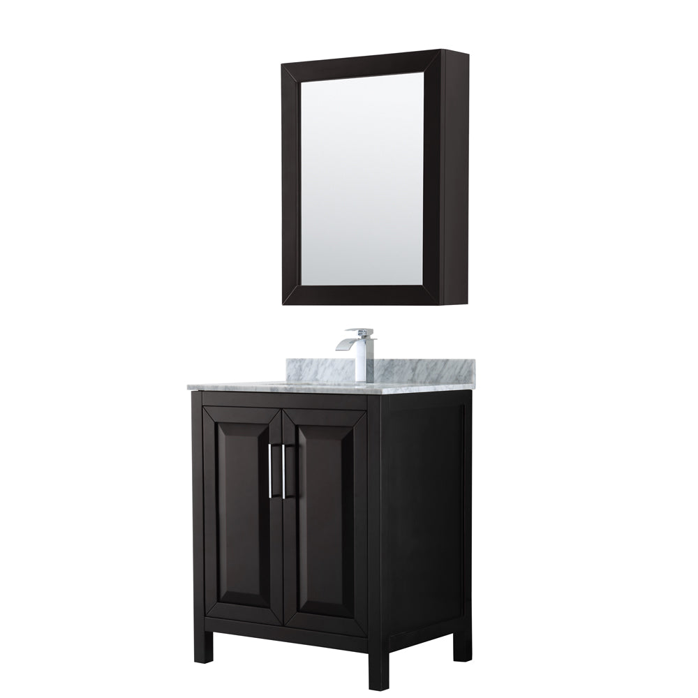 Daria 30 inch Single Bathroom Vanity in Dark Espresso, White Carrara Marble Countertop, Undermount Square Sink, and Medicine Cabinet