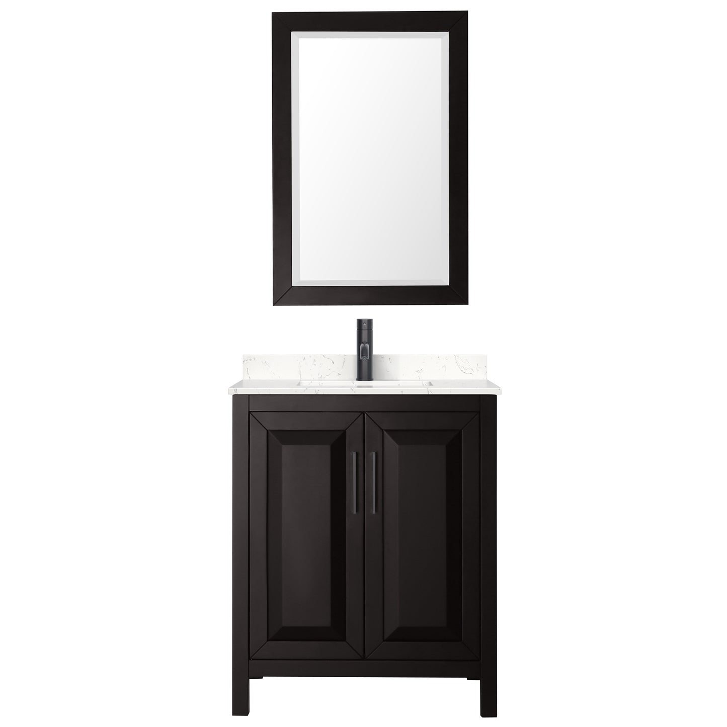 Daria 30" Espresso Single Vanity, Carrara Marble Top, Black Trim, 24" Mirror