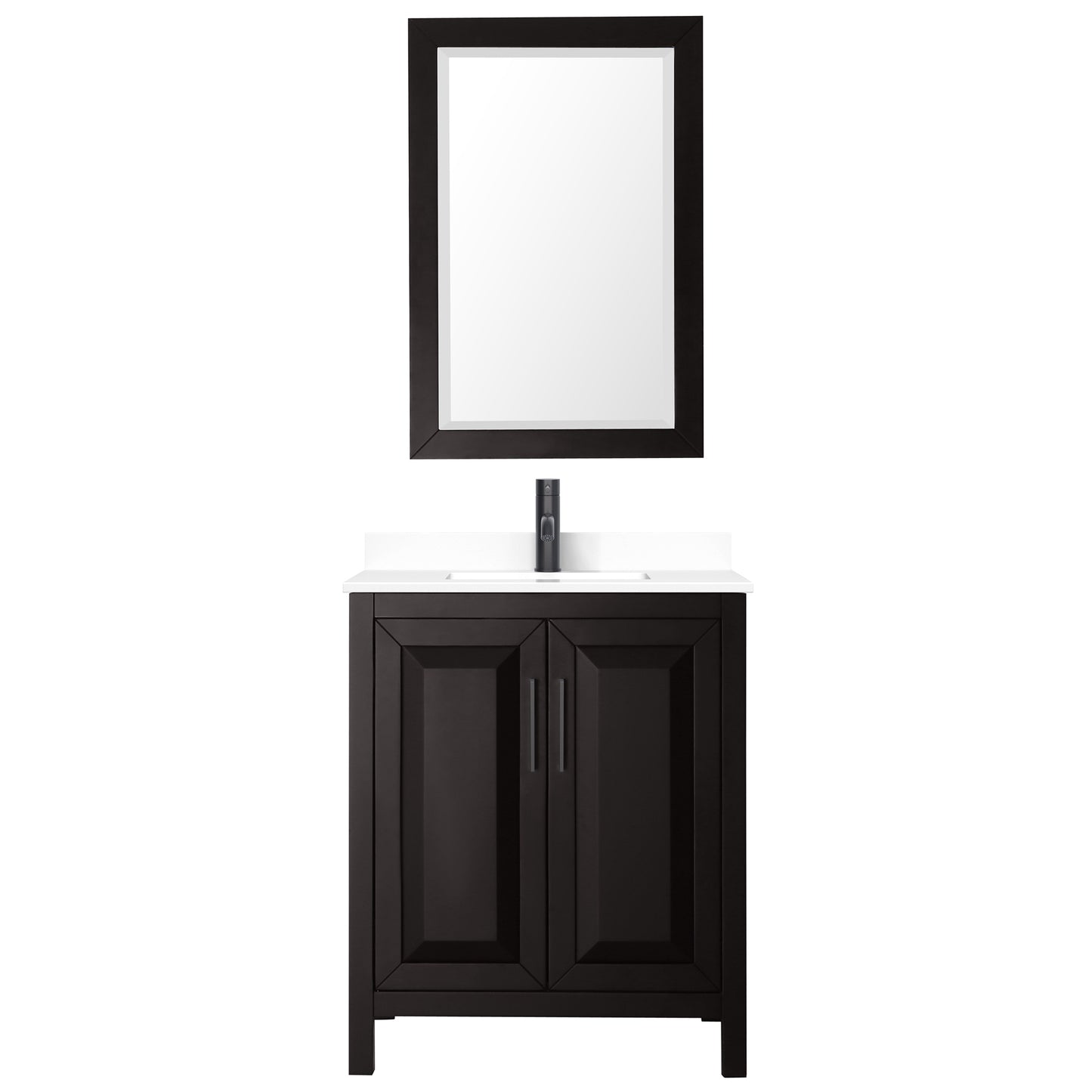 Daria 30" Dark Espresso Single Vanity, White Marble Top, Black Trim, 24" Mirror