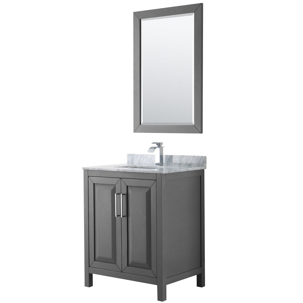 Daria 30 inch Single Bathroom Vanity in Dark Gray, White Carrara Marble Countertop, Undermount Square Sink, and 24 inch Mirror