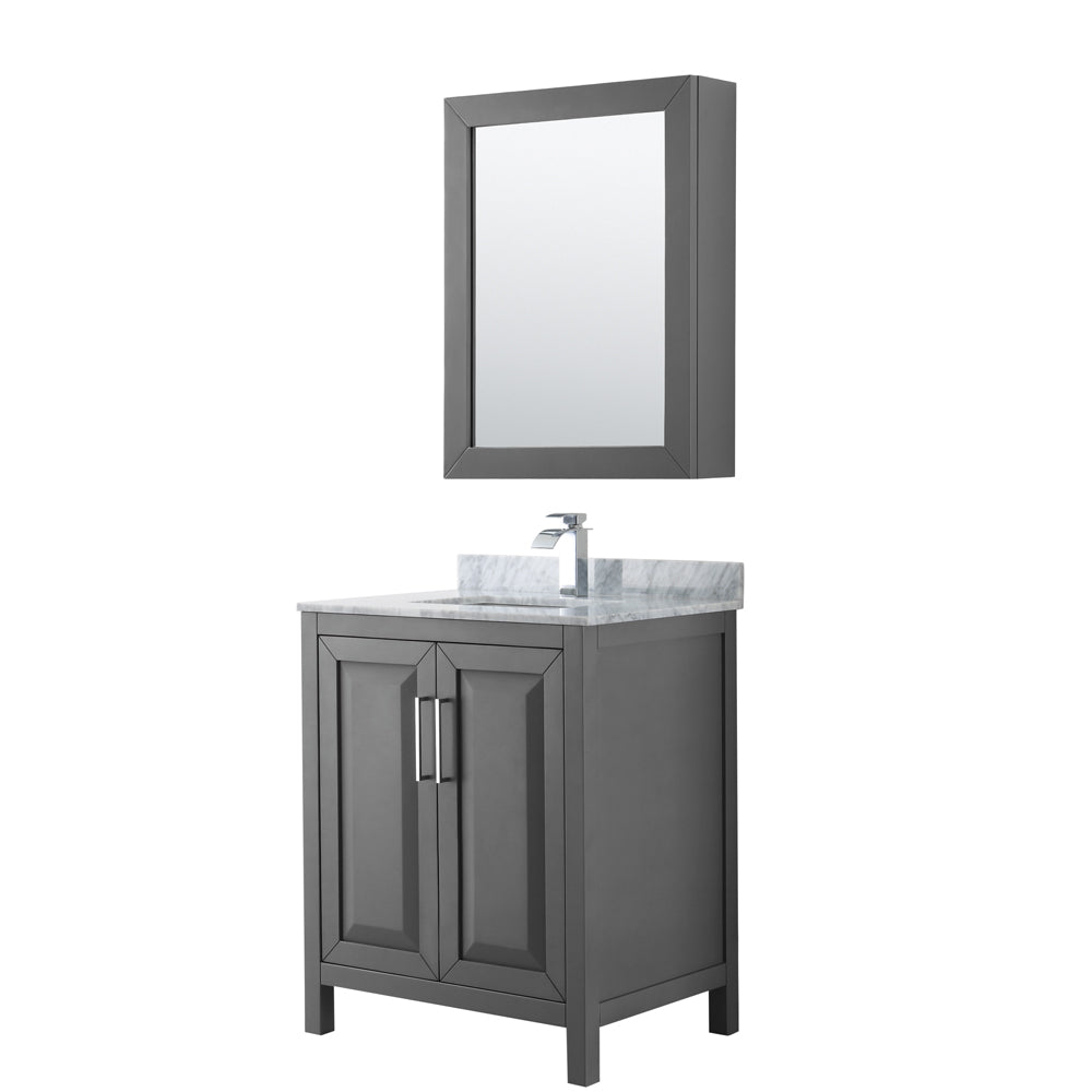 Daria 30 inch Single Bathroom Vanity in Dark Gray, White Carrara Marble Countertop, Undermount Square Sink, and Medicine Cabinet