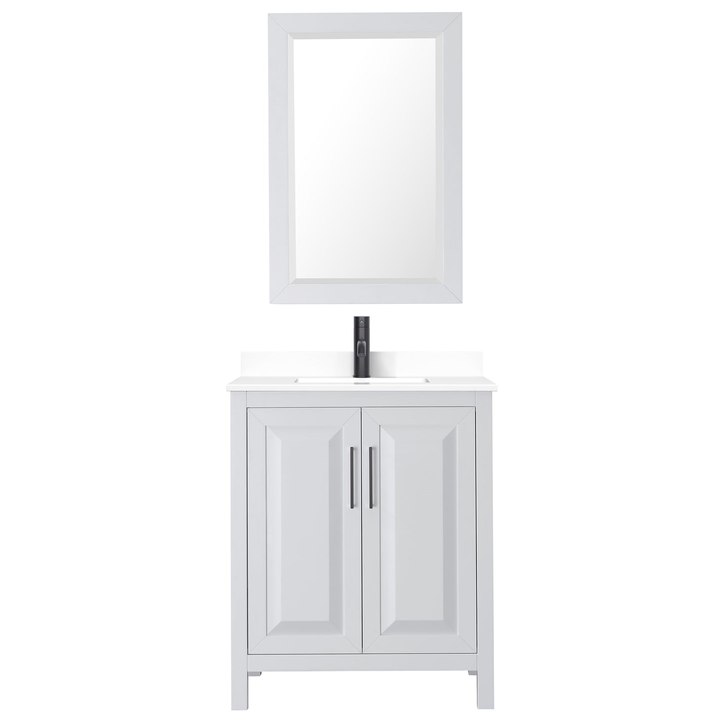 Daria 30" Single Vanity in White, White Marble Top, Black Trim, 24" Mirror