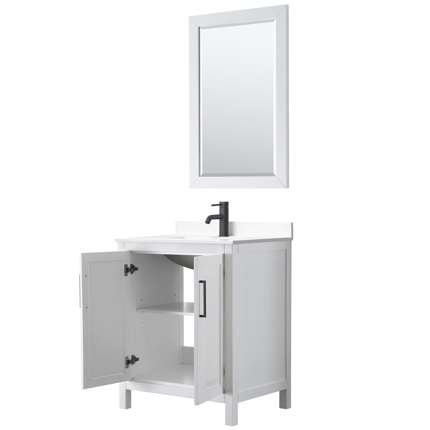 Daria 30" Single Vanity in White, White Marble Top, Black Trim, 24" Mirror