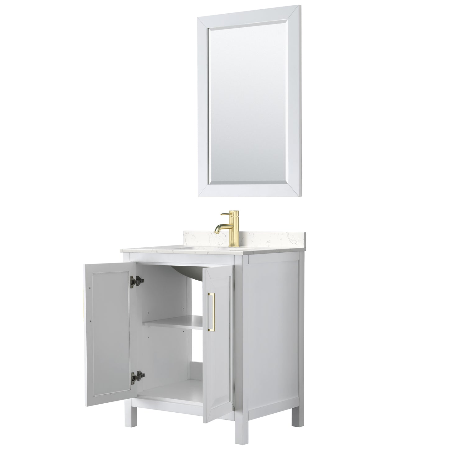 Daria 30" White Single Vanity, Carrara Marble Top, 24" Mirror, Brushed Gold Trim