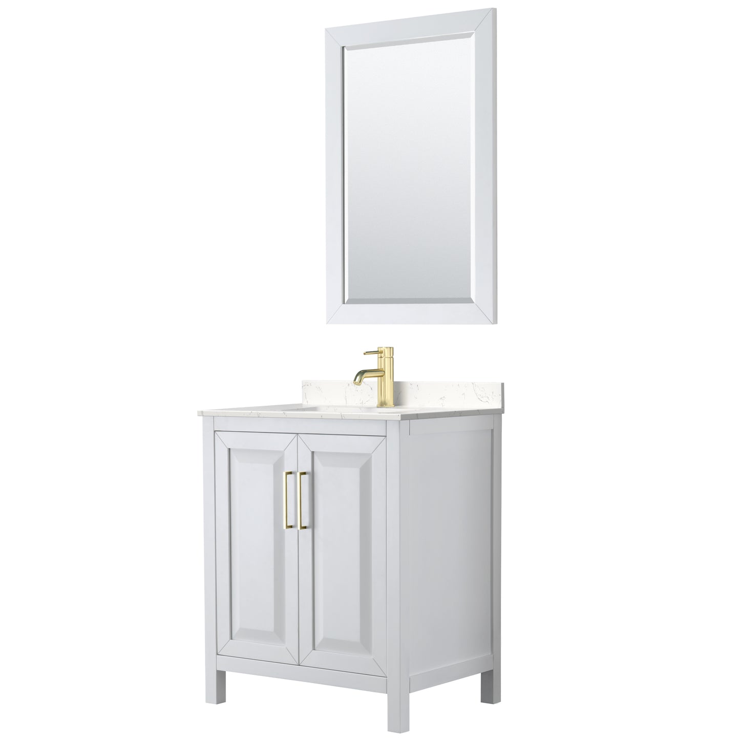 Daria 30" White Single Vanity, Carrara Marble Top, 24" Mirror, Brushed Gold Trim