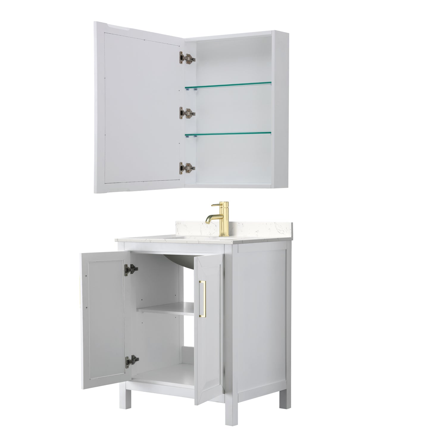 Daria 30" White Single Vanity, Carrara Marble Top, Medicine Cabinet, Gold Trim