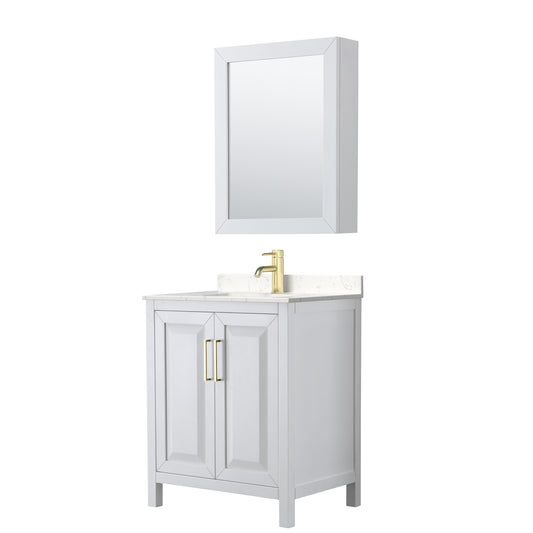 Daria 30" White Single Vanity, Carrara Marble Top, Medicine Cabinet, Gold Trim