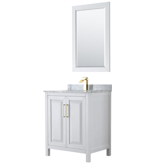 Daria 30" Single Vanity in White, Top, Square 24" Mirror, Brushed Gold Trim