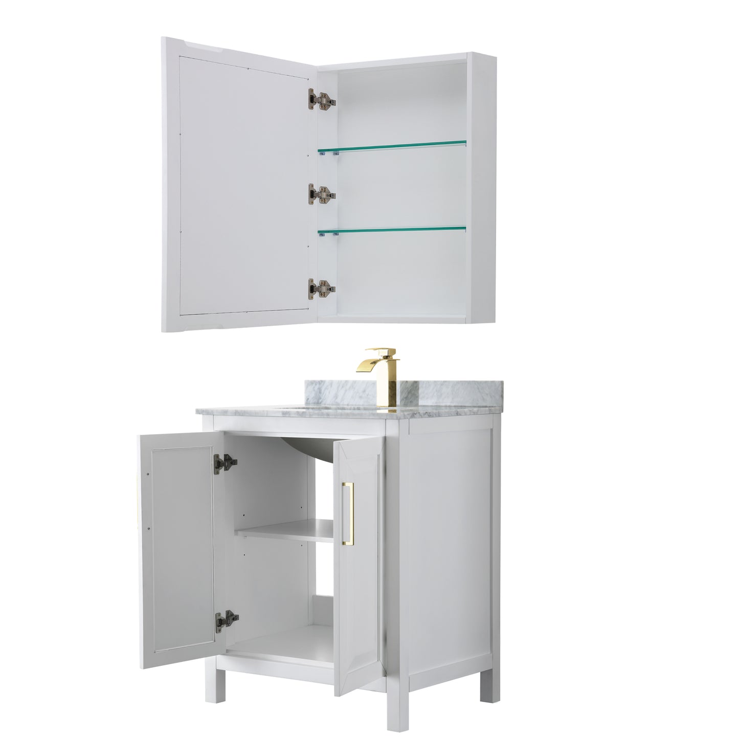 Daria 30" Single Vanity in White, Top, Medicine Cabinet, Brushed Gold Trim