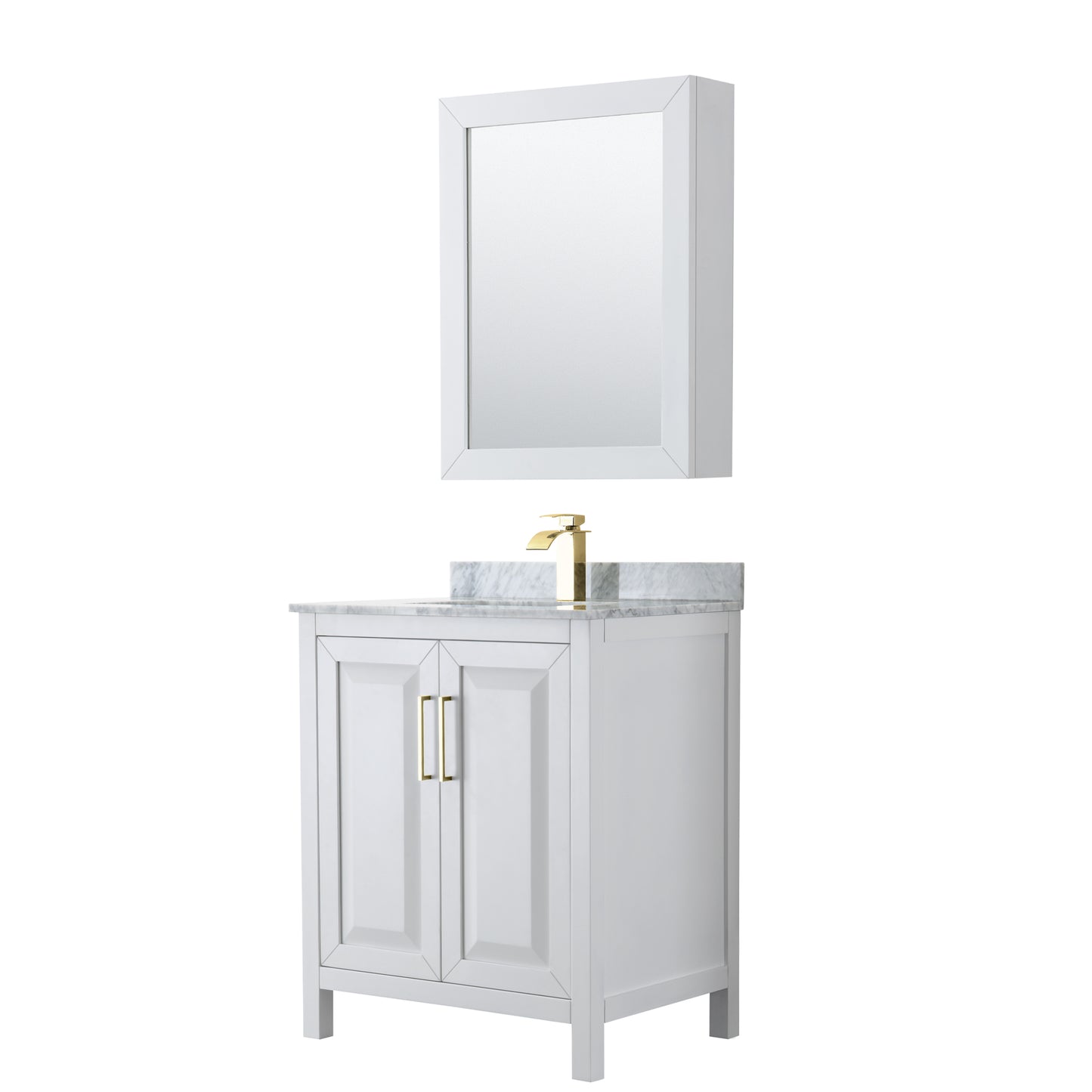 Daria 30" Single Vanity in White, Top, Medicine Cabinet, Brushed Gold Trim
