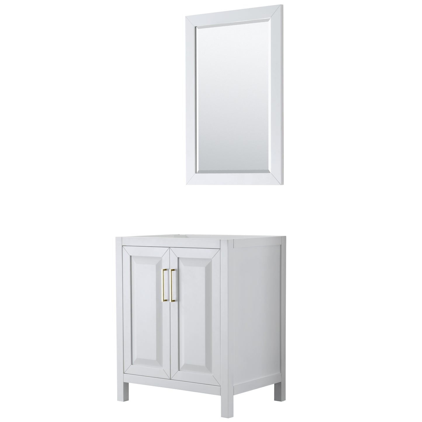 Daria 30" Single Vanity in White, No Top, No Sink, 24" Mirror, Brushed Gold Trim