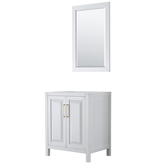 Daria 30" Single Vanity in White, No Top, No Sink, 24" Mirror, Brushed Gold Trim