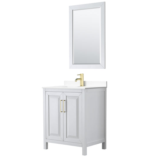 Daria 30" White Single Vanity, White Marble Top, 24" Mirror, Brushed Gold Trim