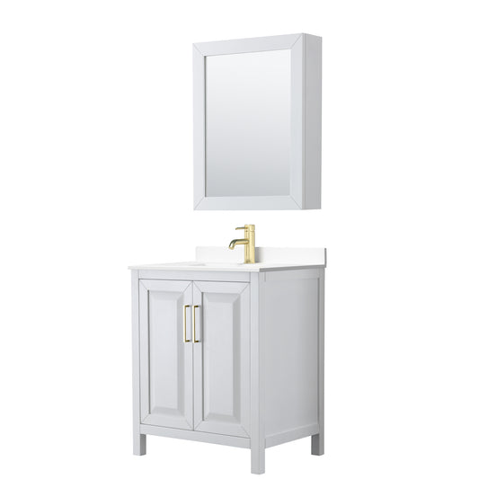Daria 30" White Single Vanity, White Marble Top, Medicine Cabinet, Gold Trim
