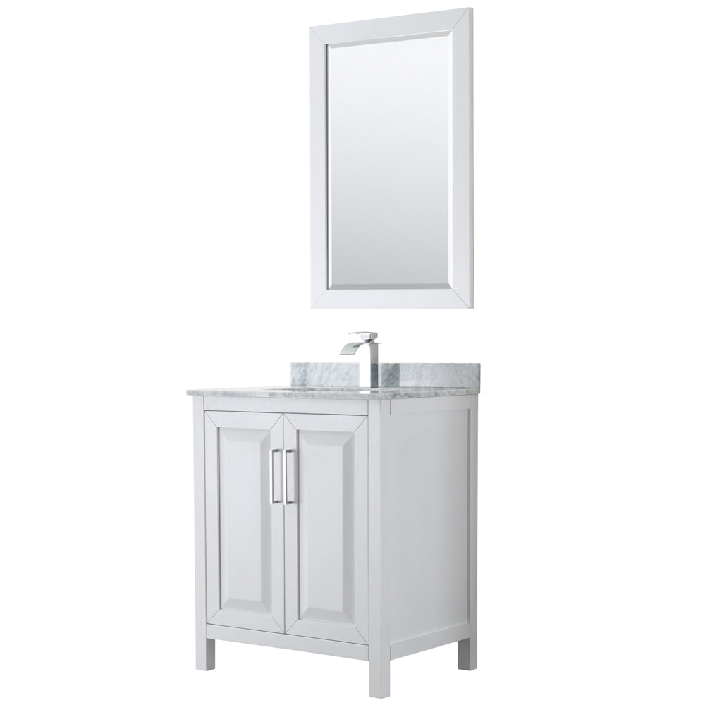 Daria 30 inch Single Bathroom Vanity in White, White Carrara Marble Countertop, Undermount Square Sink, and 24 inch Mirror