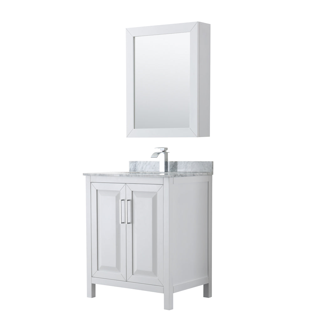 Daria 30 inch Single Bathroom Vanity in White, White Carrara Marble Countertop, Undermount Square Sink, and Medicine Cabinet