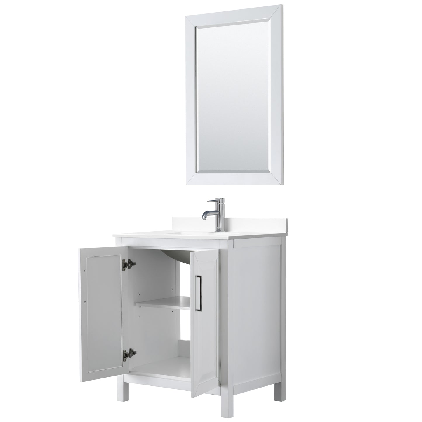 Daria 30" Single Vanity in White, White Cultured Marble Top, Sink, 24" Mirror