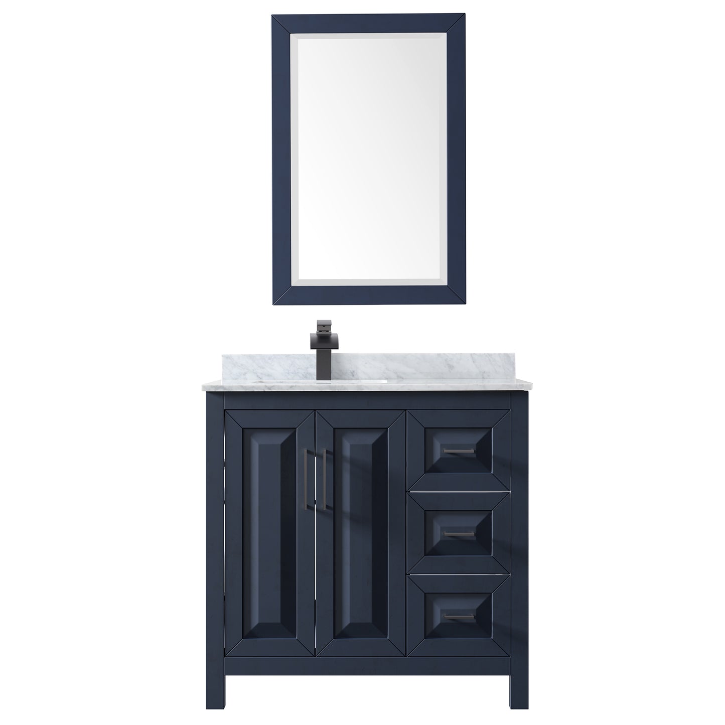 Daria 36" Single Vanity in Dark Blue, Top, Square Matte Black Trim, 24" Mirror