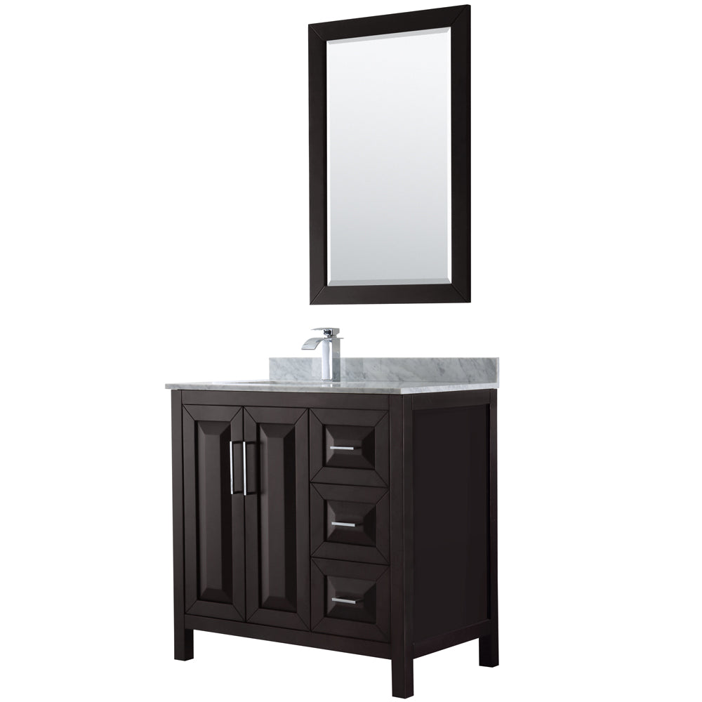 Daria 36 inch Single Bathroom Vanity in Dark Espresso, White Carrara Marble Countertop, Undermount Square Sink, and 24 inch Mirror