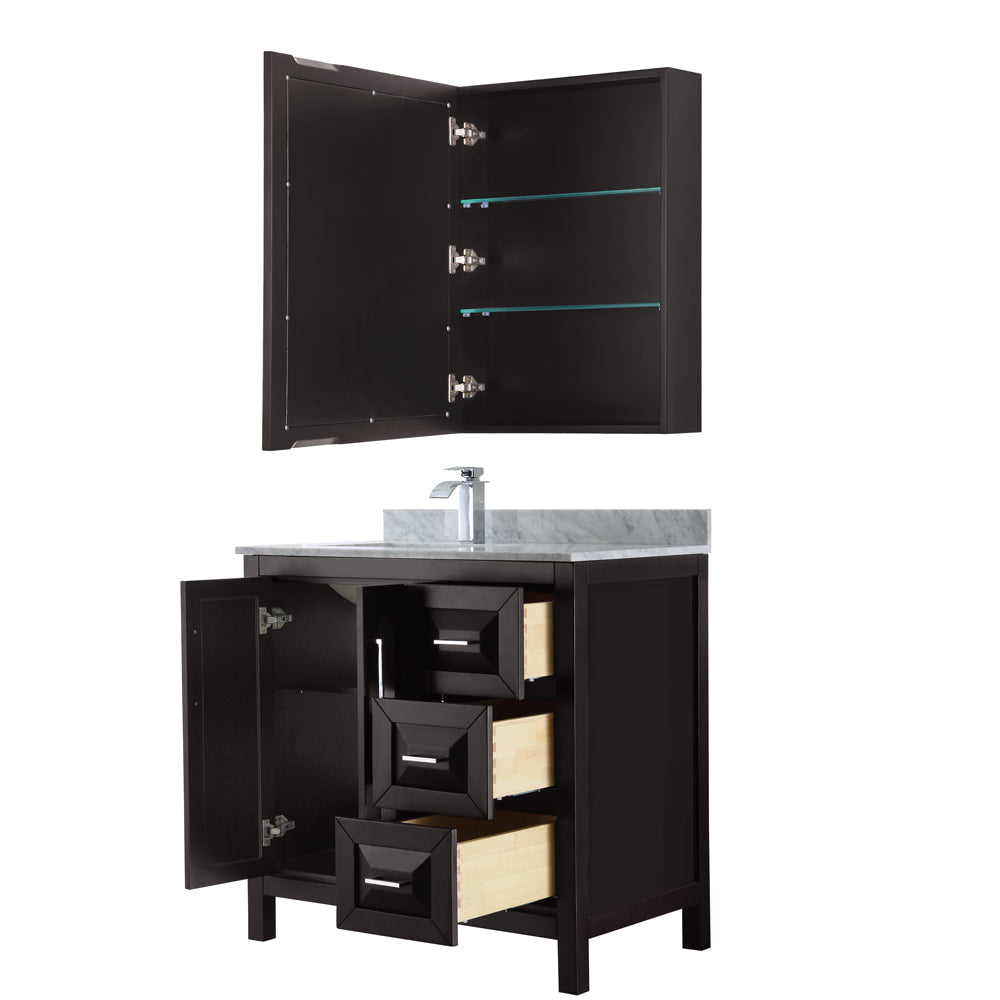 Daria 36" Single Vanity in Dark Espresso, Top, Square Sink, Medicine Cabinet