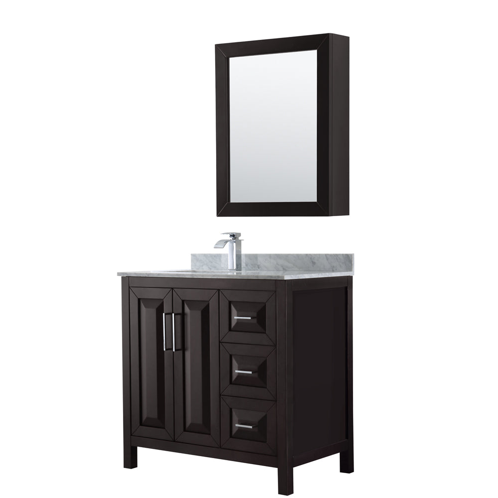 Daria 36 inch Single Bathroom Vanity in Dark Espresso, White Carrara Marble Countertop, Undermount Square Sink, and Medicine Cabinet