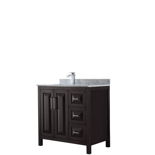 Daria 36 inch Single Bathroom Vanity in Dark Espresso, White Carrara Marble Countertop, Undermount Square Sink, and No Mirror