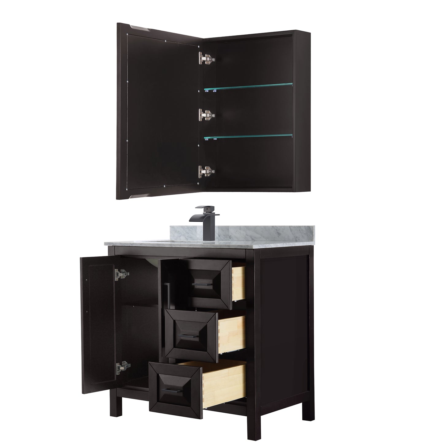 Daria 36" Single Vanity in Dark Espresso, Top, Black Trim, Medicine Cabinet